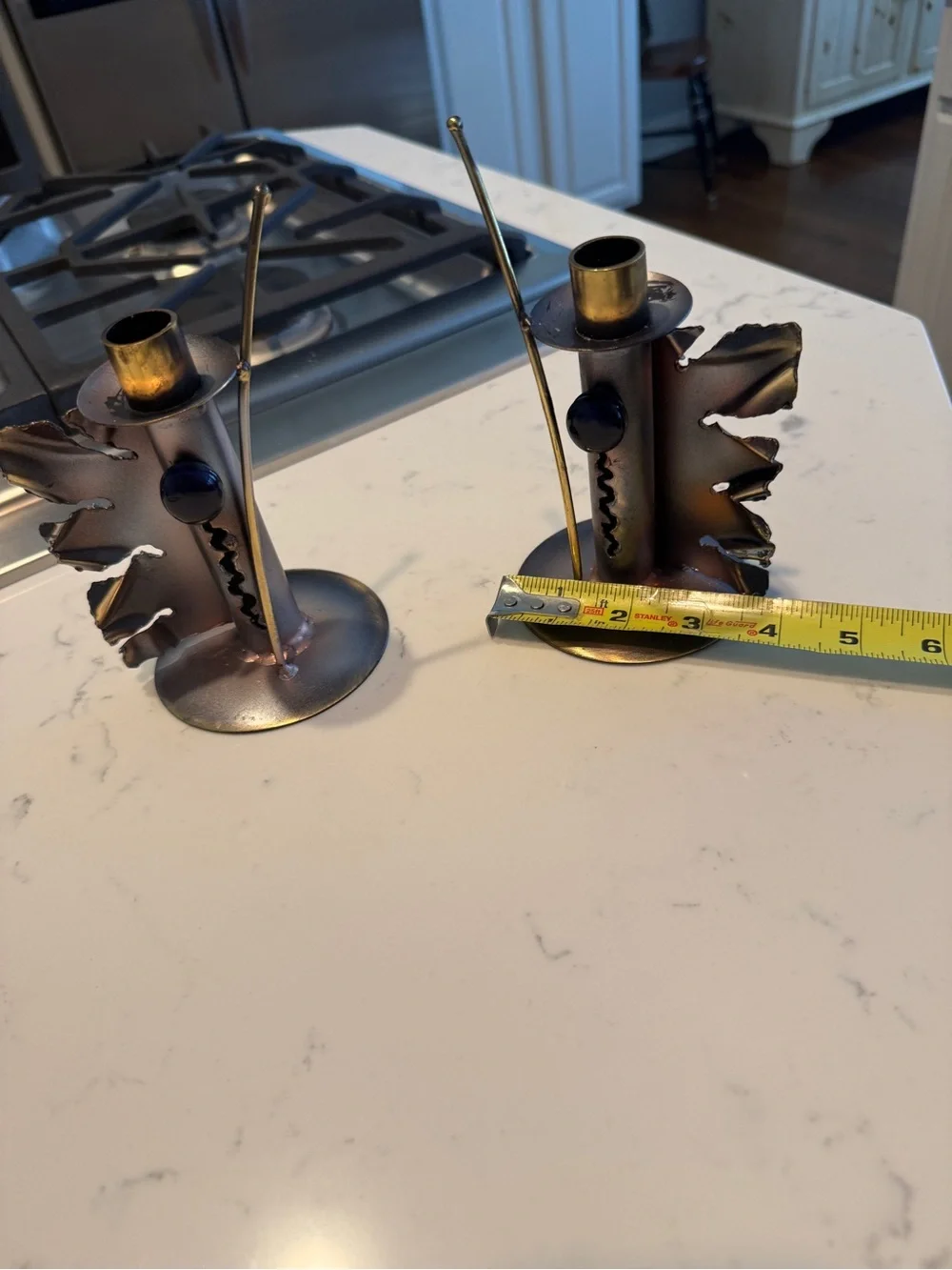 Vintage Brutalist Metal Candlestick Holders Pair Leaf Cobalt Glass MCM Decor